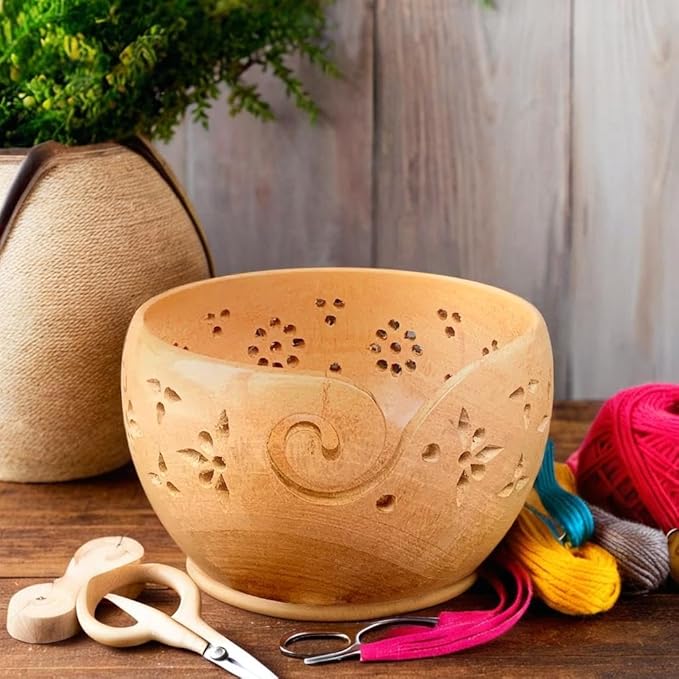 Prime Art Wooden Yarn Bowl Yarn Bowl for Crochet Yarn Bowl for Knitting Yarn Bowl for Crochet Large Yarn Bowl (Mangowood)
