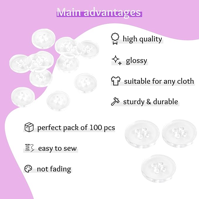 Pack of 100 Clear Buttons for Sewing 1/2" (13mm) 4 Hole Transparent Round Bulk Buttons 0.50 inch 20L Plastic Sewing Crafts Replacement Button for Dress Pants Shirt Skirt Blouse Decorative DIY Arts