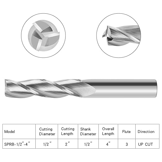2PCS Upcut Spiral Router Bits 3 Flutes with 1/2 Inch Shank, Extra Long (4 Inch), 1/2 Inch Cutting Diameter, 2 Inch Cutting Length, Trimming, Carving