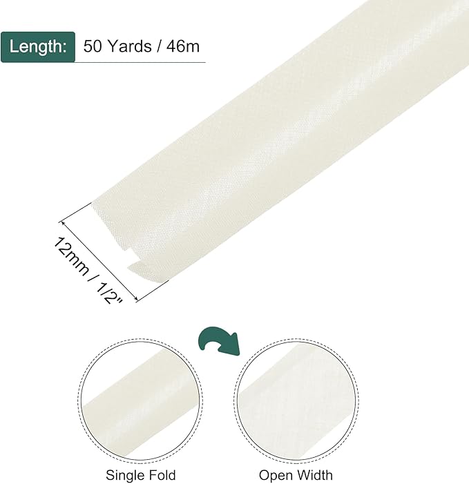 MECCANIXITY 1/2 Inch Single Fold Bias Tape Polyester Continuous Bulk Bias Tape for Sewing,Seaming Quilting Hemming Binding Crafts (Beige 50 Yards)