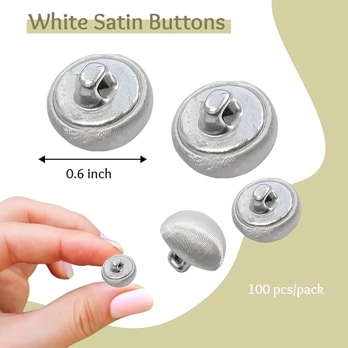 100 Pcs White Tuxedo Buttons 0.6 inch (15 mm) White Satin Buttons for Sewing Fabric Covered Smooth Cloth Metal Shank Round Ideal for Formalwear Wedding Dress Blouse Skirts Crafts