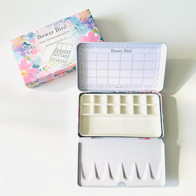 Bower Bird Travel Watercolor Palette,Portable Ceramic Palette,Empty Paint Palette,Small Travel Metal Paint Boxwith Porcelain Palette