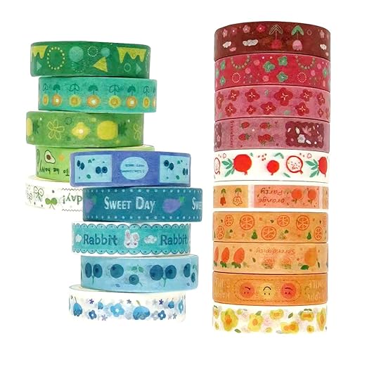 Washi Tape Set, 20 Rolls of Colorful Washi Tape, Decorative Tape for Arts and Crafts, Scrapbooking Supplies Patten Washi Tape Red Orange Blue Green. (Floral & Fruits)