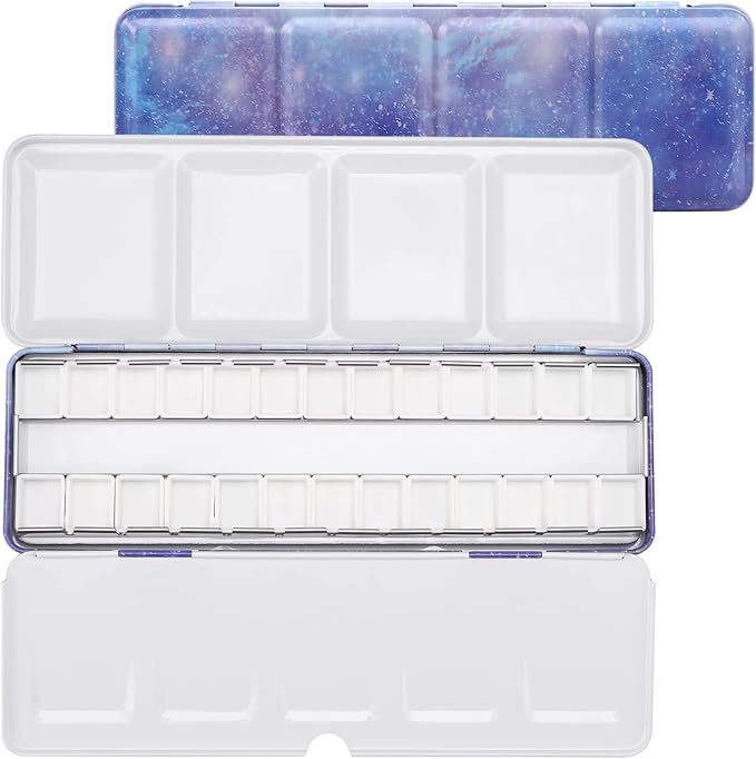 LOONENG Empty Watercolor Palette, Empty Watercolor Tin with Fold Out Palette, Medium Purple Watercolor Tray Palette with 26 Empty Half Pans for Plein Air Painting and Sketching