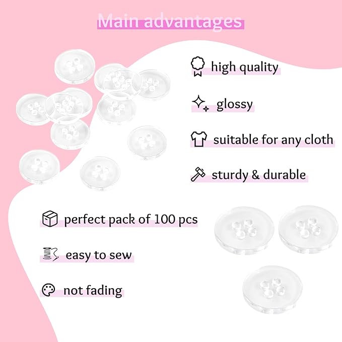 0.60" Clear Buttons for Sewing 100 Pcs Transparent Buttons (15 mm) 4 Hole Round Bulk Sewing Crafts Replacement Button 24L Plastic Buttons for Clothes Dress Pants Shirt Skirt Blouse Craft DIY