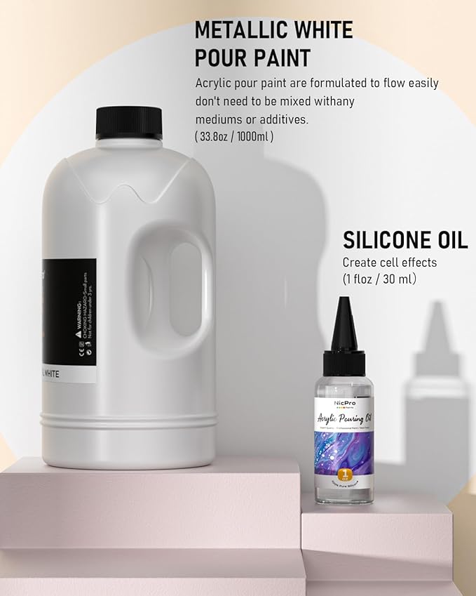 Nicpro White Metallic Pearl Color Acrylic Pour Paint, 33.8 Ounce Pre-Mixed Pouring Paint Supplies with Silicone Pour Oil, Gloves for Canvas, Rock, Wood Cell Creation Flow DIY Art Painting, Ready to Pour