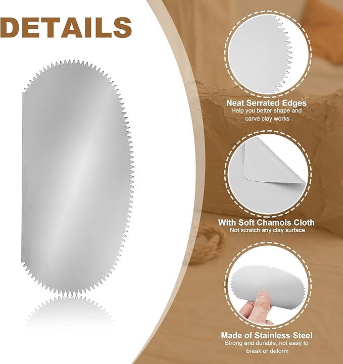 YOKIVE 2Pcs Steel Pottery Tools, Serrated Scraper Clay Ribs 3.94" x 2" Stainless Steel Sculpture Modeling Cutter Ceramic Tools with 2 Gray Chamois Cloth