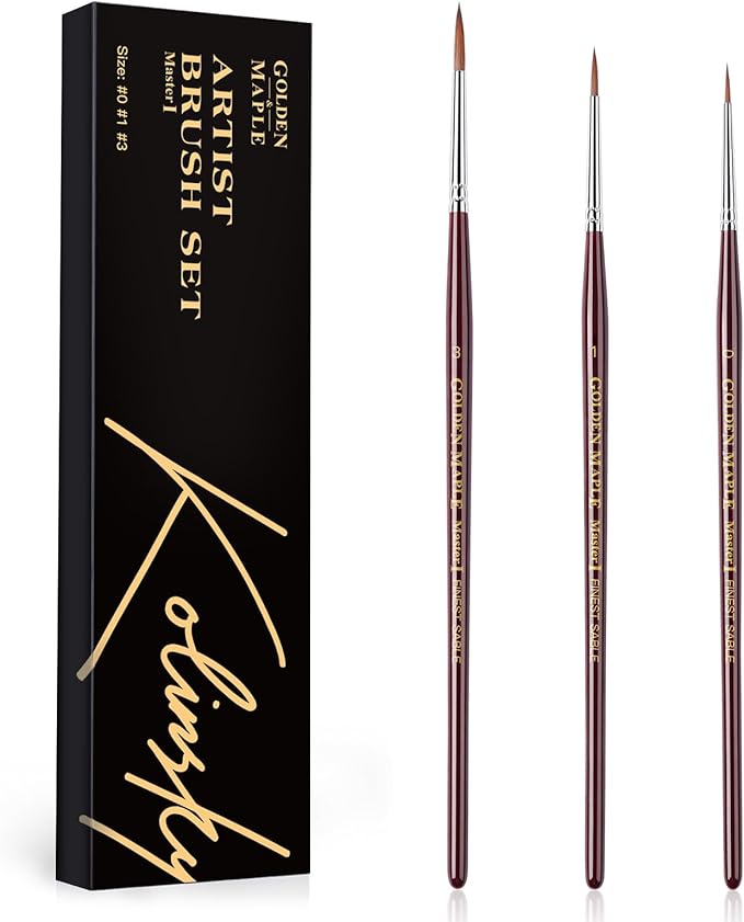 Golden Maple Kolinsky Sable Miniature Paint Brushes, Professional Detail Paint Brushes Round Point Paint Brush for Models, Watercolor Details, Figures & Gouache Painting - Size 0, 1, 3