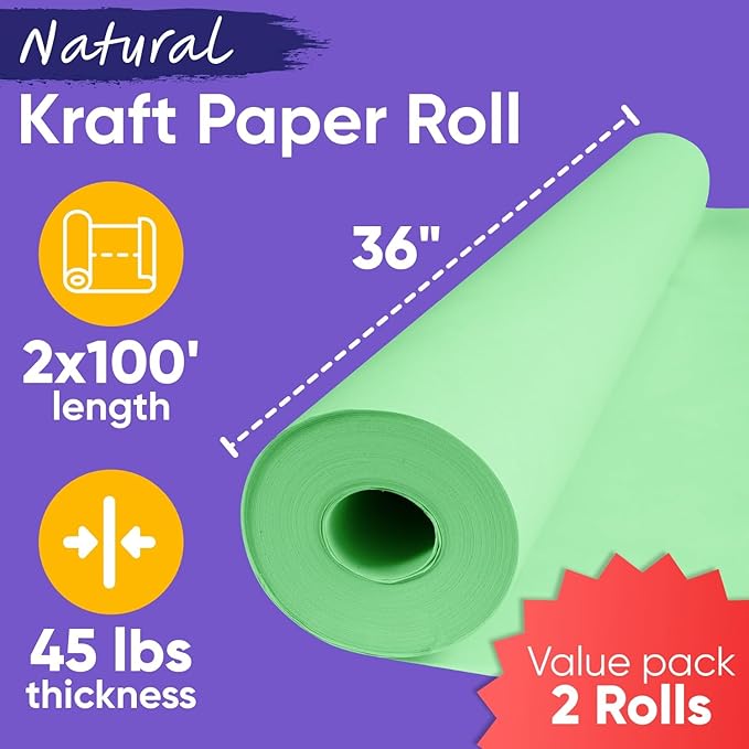 36" x 1200" (100 ft) Light Green Kraft Paper Roll (Value Pack of 2), 45 lbs Thickness, Made in USA Colored Kraft Paper for School, Bulletin Board - Odorless, Non-Toxic, Safe for Kids