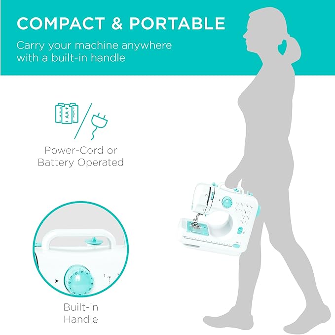 Best Choice Products Compact Sewing Machine, 42-Piece Beginners Kit, Multifunctional Portable 6V Beginner Sewing Machine w/ 12 Stitch Patterns, Light, Foot Pedal, Storage Drawer - Teal/White