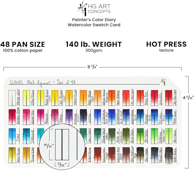 HG Art Concepts Painters Color Diary Watercolor Swatch Card, 48-Pan Size, 5-Pk, 140 lb Hot Press 100% Cotton Paper, Fits New York Central Palette Box, Color Swatch Book for Markers & Colored Pencil