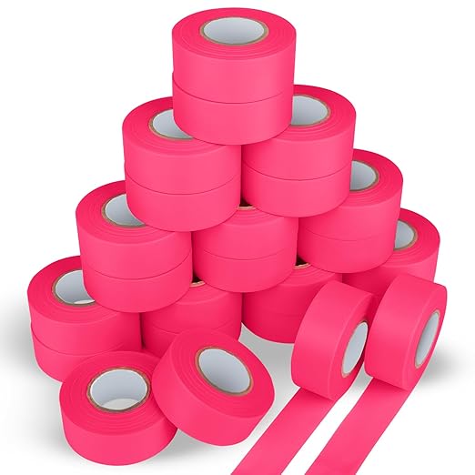 24 Pack Fluorescent Pink Flagging Tape, Non-Adhesive Plastic Ribbon Neon Marking Roll, 1.18 in. x 150 ft, Marking Tape for Hunting, Tree Marking, Trail Marking, Boundaries Hazardous Areas