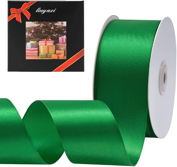 LIUYAXI Green Double Faced Satin Ribbon, 2" X Continuous 50 Yards, Fabric Ribbon Use for Bows Bouquet,Christmas Gift Wrapping,Floral Arrangement