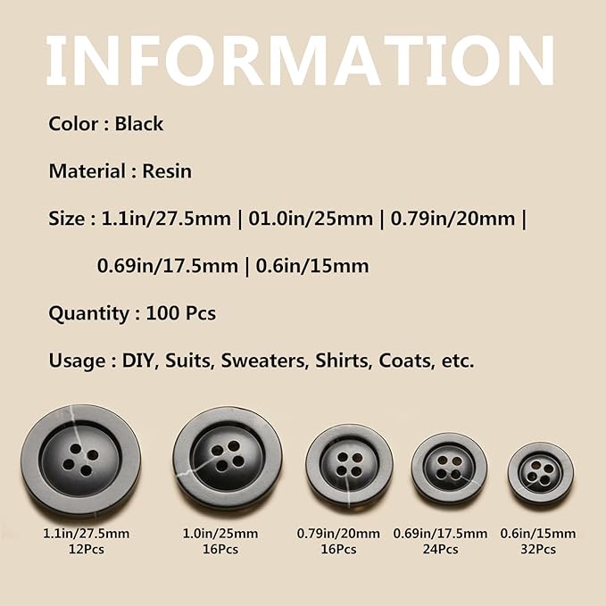 Sewing Buttons - Craft Buttons, 5 Sizes of 100 Pcs Versatile Buttons for Sewing, DIY Projects and Holiday Decoration (Black)