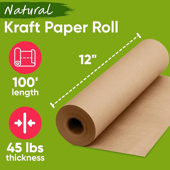 USA Made 12" x 1200" Brown Kraft Paper Roll, 45 lbs Thickness, Kraft Paper for School, American Quality Colored Paper Roll, Bulletin Board - Non-Toxic, Odorless, Safe for Kids
