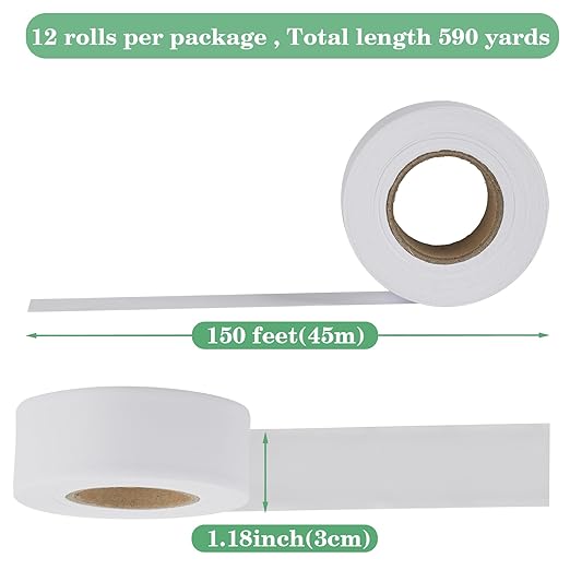 12 Pack White Flagging Tape, Non-Adhesive Plastic Ribbon Neon Marking Tape, Tree Tape, Surveyors Tape, Trail Marking, Survey Tape, 1.18 in. x 150 ft, 3.35 Mil Thick
