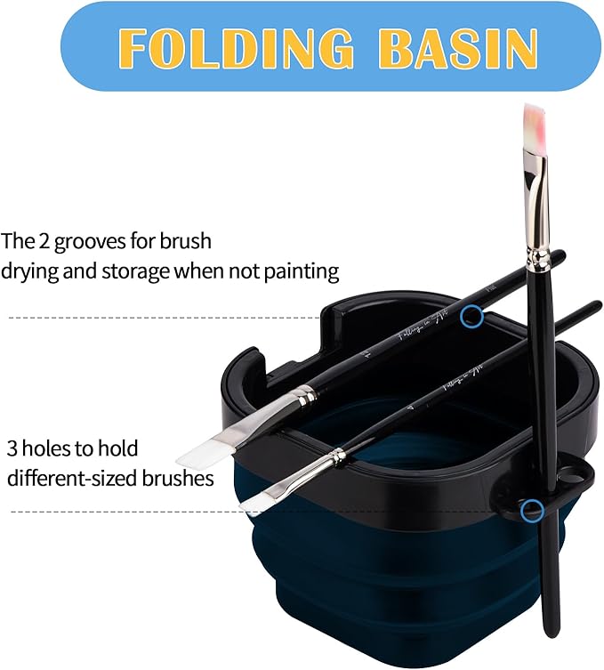 Falling in Art Paint Palette, Airtight 16 Wells Storage Palette Box with Lid and Folding Paint Brush Basin for Watercolor, Gouache and Acrylic Painting (Blue)