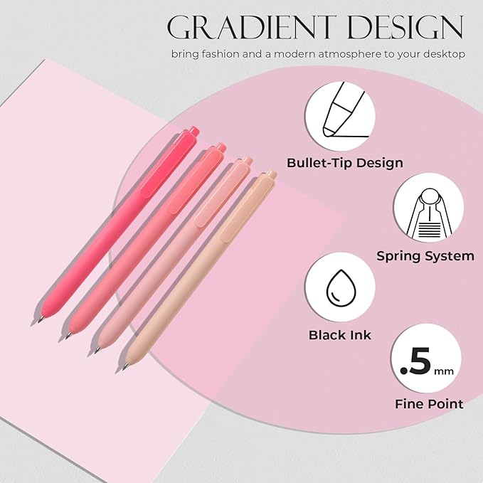 Y YOMA 4 Pcs Fine Point 0.5mm Gel Pen Black Ink Retractable Ballpoint Pen Smooth Writing Quick Dry Gel Pens Cute Aesthetic Pen Pastel Refillable Pen for School Home Office Supplies, Cute Pink