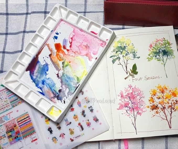 Bower Bird Ceramic Watercolor Palette 18well Rectangle Artist Professional Paint Palette for Acrylic,Gouache Painting Ceramic Mixing Tray (Porcelain) (7.8x5.7in(with Box))