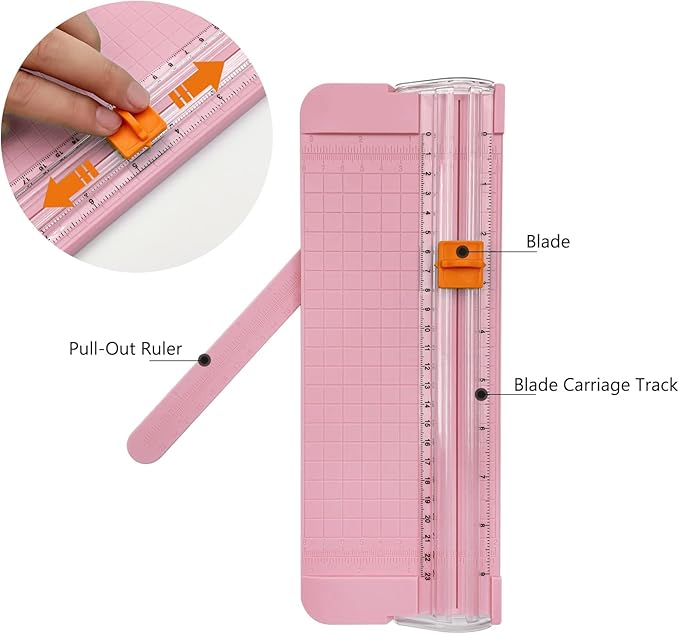 Paper Cutter, A4 Paper Trimmer with Security Safeguard & Side Ruler Portable Straight Edge Cutter for Scrapbooking Craft Paper, Photos, Label, Cardstock (Pink)