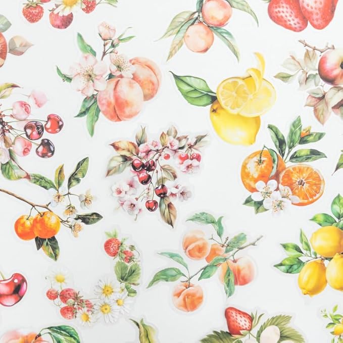 60 Pcs Large Garden-Inspired PET Stickers, Fruit-Themed for Scrapbooking, Journaling, DIY Crafts, with Organizer
