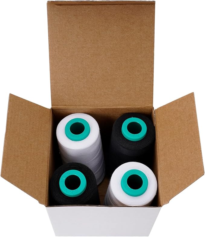 Serger Thread, All-Purpose Sewing Thread Polyester,4 Cones of 3000 Yards Each Spool,Cone Thread for Sewing Machine,140S/2 (BlackX2,WhiteX2)