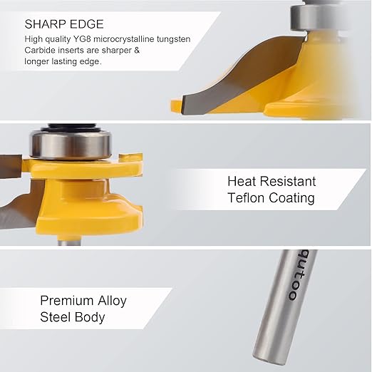 Exqutoo 3PCS 1/4" Shank Router Bit Set, Raised Panel Cabinet Door Making Router Bits, Cemented Carbide Router Bits, Woodworking Tools Router Door & Window Bits (Tenon Joint Cutter Diameter: 1-5/8")