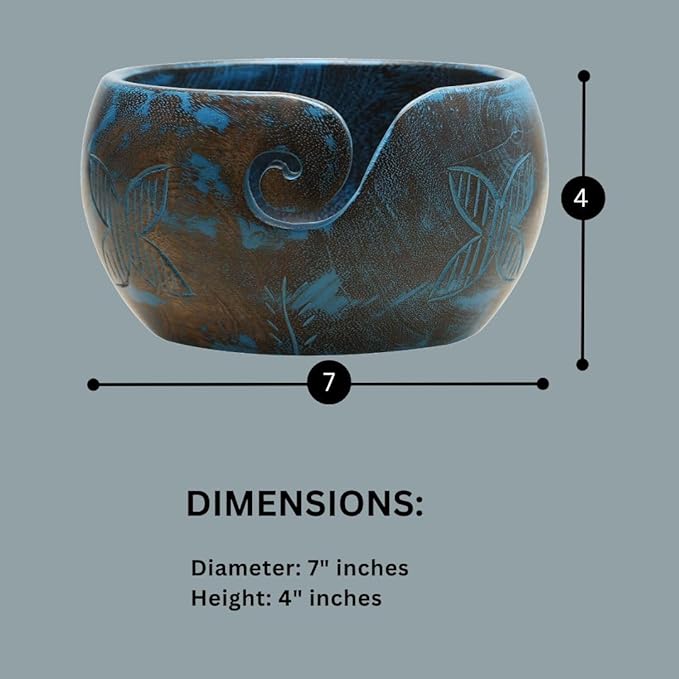 Large Wooden Blue Yarn Bowl for Crocheting - Crochet Holder (7x4) - Knitting Yarn Ball Storage - Crafting Christmas Gifts for Women, Gifts for Moms, Birthday