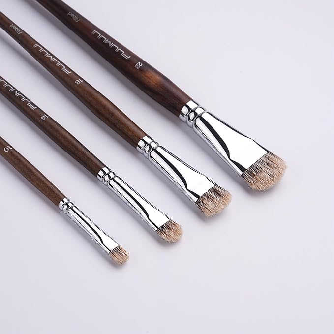 Fuumuui Professional Paint Brush Set, 4Pcs Natural Badger Hair with Filbert Shape Blending Mop Oil Paint Brushes for Acrylic Painting Oil and Gouache