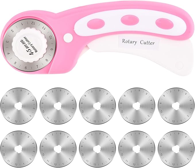 45mm Rotary Cutter for Fabric with 10 pcs Blades,Pinking Rotary Cutter for Quilting Crafts Sewing (Pink)