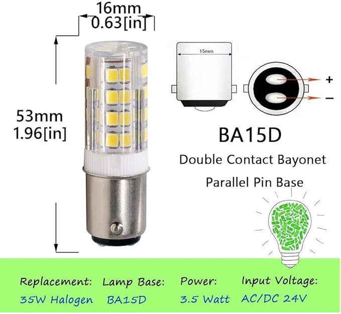 for Kenmore, Singer 15-66, 99, 201, 221, 222, 401 Sewing Machine Double Contact Bayonet Base BA15D Light AC110-130Volt 35W Halogen Equivalent 1076 1142 1176 Pack of 2 (Daylight White 6000K)