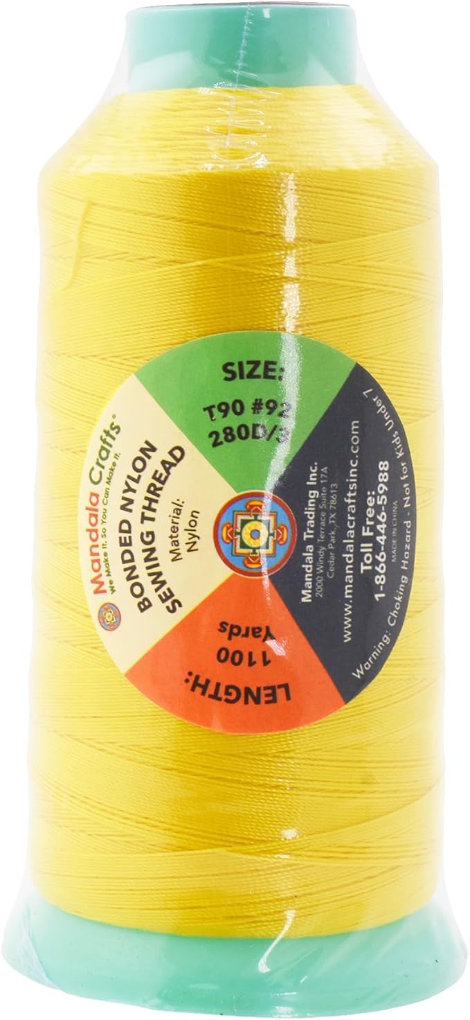 Mandala Crafts Size 92 280D T90 Bonded Nylon Thread - Yellow 1100 YDs Tex 90 Heavy Duty Sewing Threads for Leather, Jeans, Weaving, Outdoor Marine Upholstery
