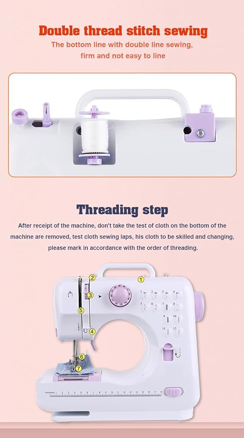 Sewing Machine for Beginners, Portable Mini Sewing Machine with 50 Pcs Fabric and 32 Pcs Sewing Threads Kit, 12 Built-in Stitches 2 Speed with Foot Pedal