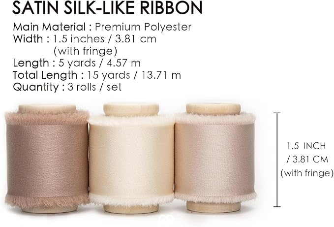 Vitalizart Silk Satin Ribbon 1-1/2 inch x 15 Yard with Wooden Spool Champagne & Nude Handmade Frayed Ribbons for Gift Wrapping Baby Shower Wedding Bridal Bouquets Holiday Decor