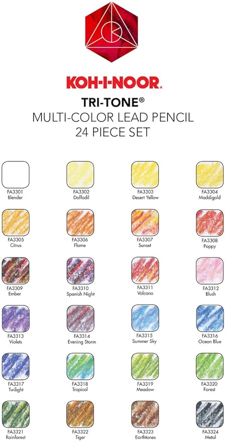Koh-I-Noor Tri-Tone Multi-Colored Pencil Set, 24 Assorted Colors in Tin and Blister-Carded (FA33TIN24BC)
