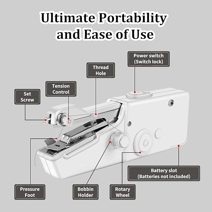 Handheld Sewing Machine, Portable and Easy-to-Use Mini Sewing Machine, Battery and USB Operated, Ideal for Beginners and Home Use - White
