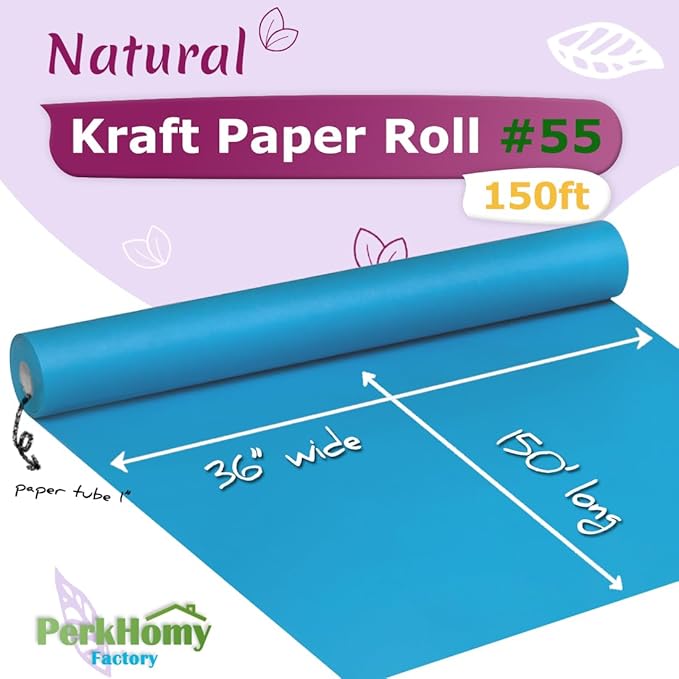 PerkHomy Lake Blue Kraft Paper Roll 36" x 1,800" (150') for Gift Wrapping Bouquet Flower Art Painting Craft Writing Packaging Shipping 80GSM 55LB (Lake Blue, 36" x 150')
