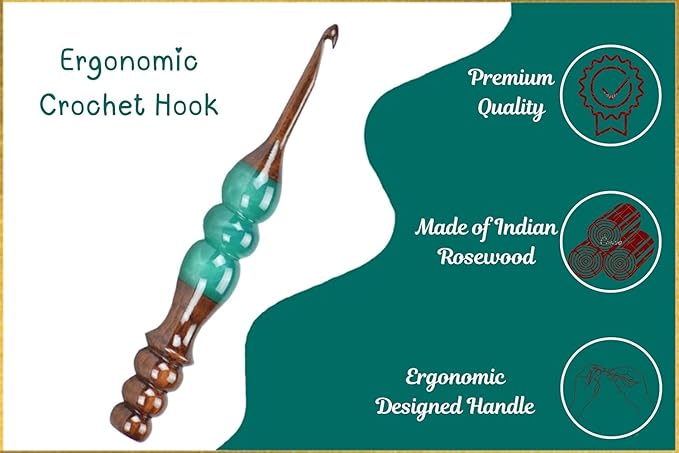 Wooden Crochet Hooks Set for Arthritic Hands | Ergonomic Soft Grip - Resin Mix Indian Rosewood Crochet Hook Set for Crocheting & Knitting (Green, Set of 7)