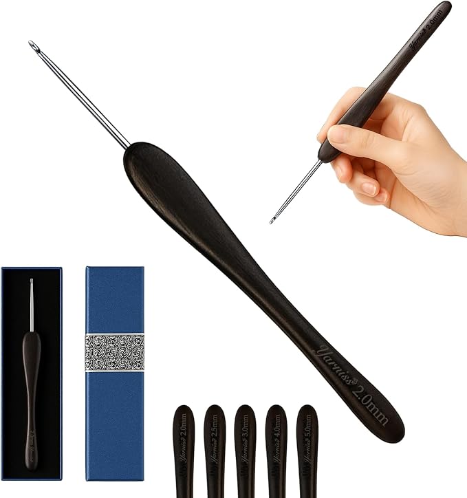Yarniss 2.0 mm Ergonomic Crochet Hook with Ebony Wood Handle, Hand-Polished Stainless Steel Crochet Needle, Comfortable Crochet Tools with Gift Box