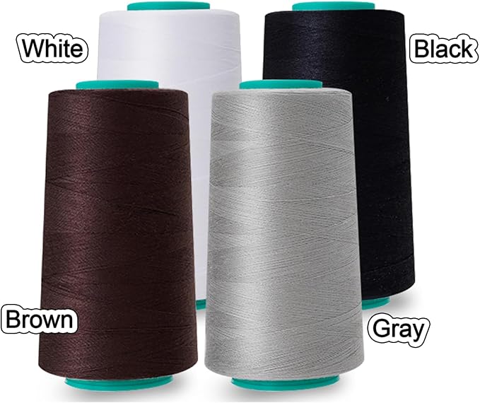Serger Thread 4 Pack, All-Purpose Sewing Thread Polyester,4 Cones of 3000 Yards Each Spool,Cone Thread for Sewing Machine,140S/2 (Black,White,Brown,Grey)