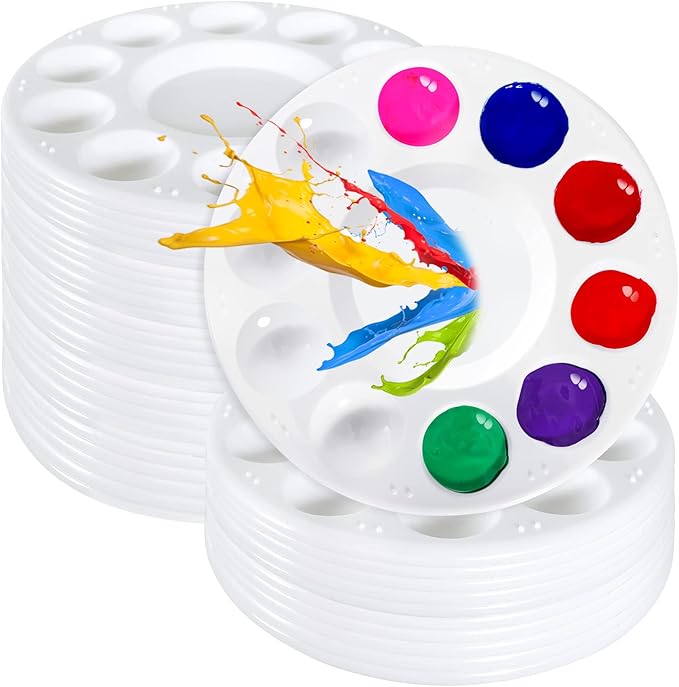36Pcs Plastic Paint Palette, Round with 10 Wells & Central Reservoir, White, Perfect for Kids, Adults & DIY Crafts