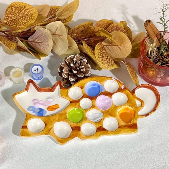 Ceramic Palette - Cat Shaped Painting Tray with Mixing Zones & Individual Wells, Durable Ceramic Artist Palette for Watercolor, Gouache - Painting Gift