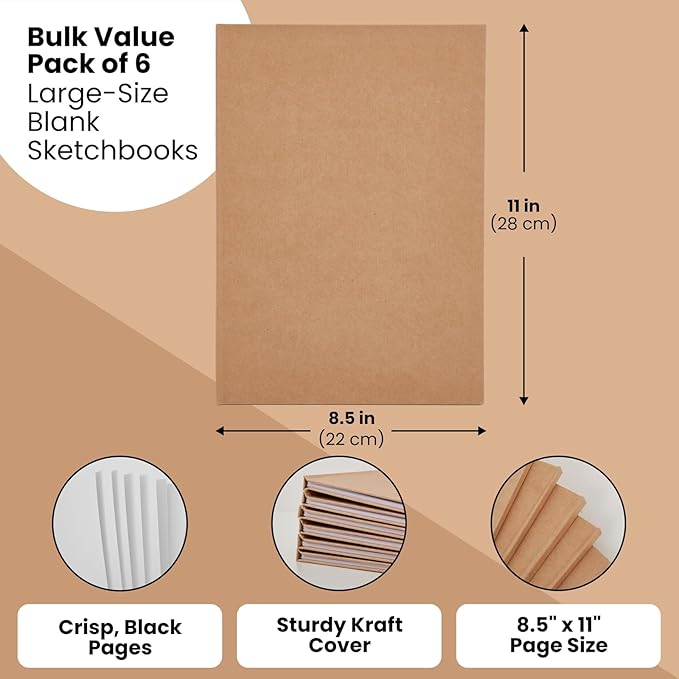 Kraft Hard Cover Blank Books for Kids 8.5x11 – 6 Pack of Unlined Journals with 36 Pages Each – Durable 120gsm Paper for Drawing, Sketching, Writing & Classroom Projects DIY Storybooks & Art Notebooks