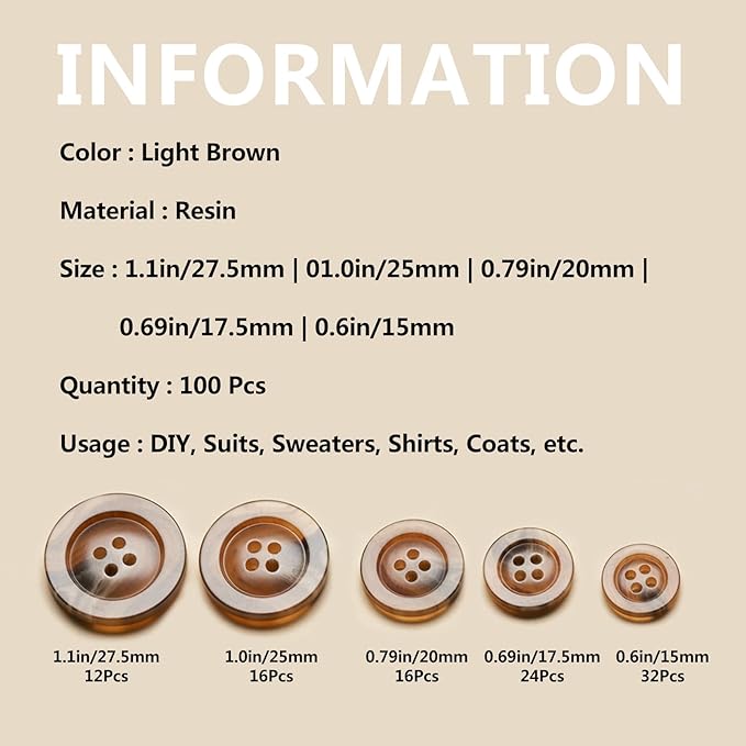 Sewing Buttons - Craft Buttons, 5 Sizes of 100 Pcs Versatile Buttons for Sewing, DIY Projects and Holiday Decoration (Light Brown)