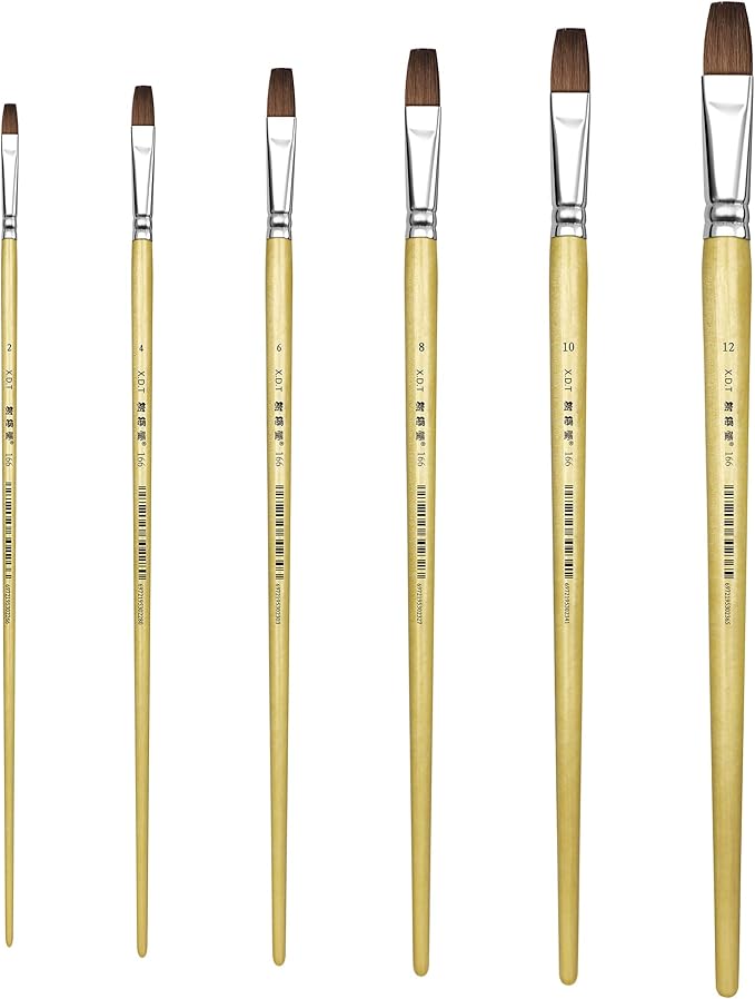 XDT#166B Bright Artist Paint Brush 6 Piece Set, Red Sable Flat Paint Brushes for Watercolor, Acrylic, Oil and Canvas Painting