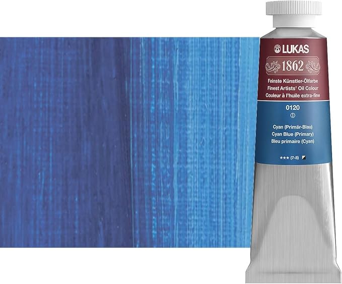 Lukas 1862 Professional German Oil Paint, Cyan Blue (Primart) 37 mL - w/Beeswax & Non-Yellowing Sunflower Oil, Short Drying Time, Smooth, Outstanding Lightfastness
