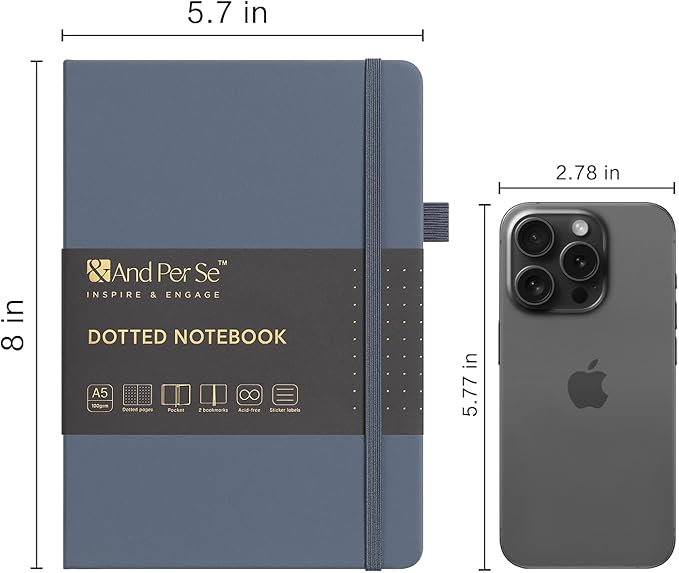 &And Per Se Dotted Journal Notebook, A5 Hardcover Leather Bullet Dotted Journal, 160 Pages 100 gsm Thick Paper, 3 Sheets of Stickers Included - 5.7'' x 8'' (Dark Blue)