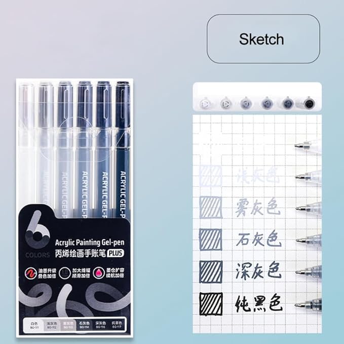 Acrylic Gel Pens for Coloring Books, Quick Dry 6 Pcs 1.0mm Fine Point Gel Marker Pen for Drawing, Journaling Art, Sketch color