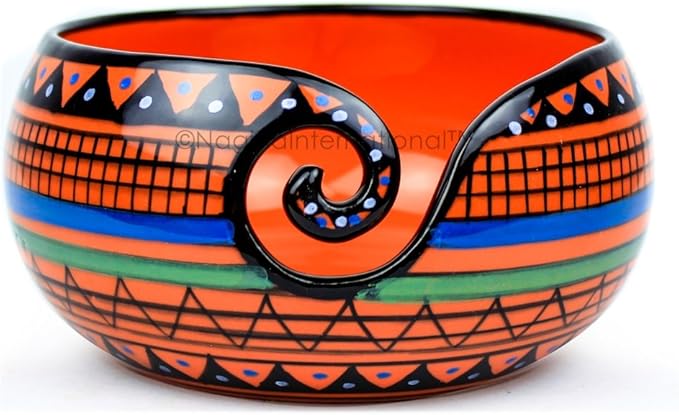 Nagina International Ceramic Attractively Hand Painted Gorgeous Stoneware Yarn Ball Storage Bowl With Innovative Dispensing Curl | Knitting & Crochet Accessions (Medium, Traditional Red)