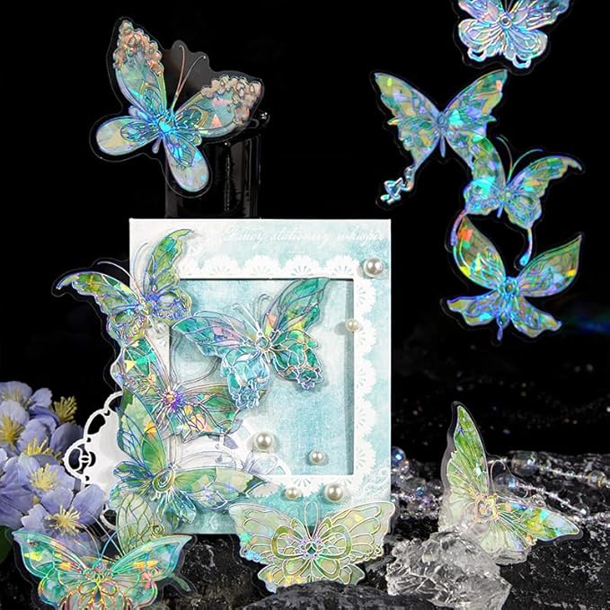 Yoksas 120Pcs Holographic Crystal Shiny Butterfly Stickers - Waterproof Glitter Butterfly Stickers for Scrapbooking,Junk Journals,Resin Art Supplies
